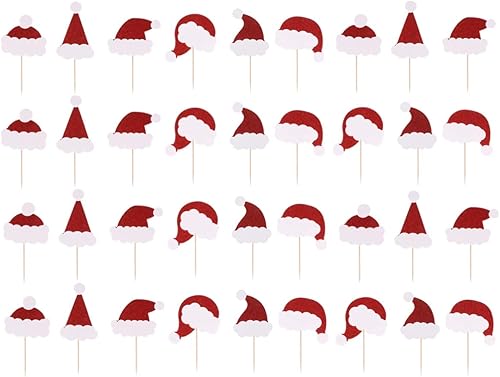 Amosfun 36 piezas de sombrero de Navidad con purpurina para pasteles, sombrero de Papá Noel, inserción de tarjeta de pastel, cupcakes, selecciones