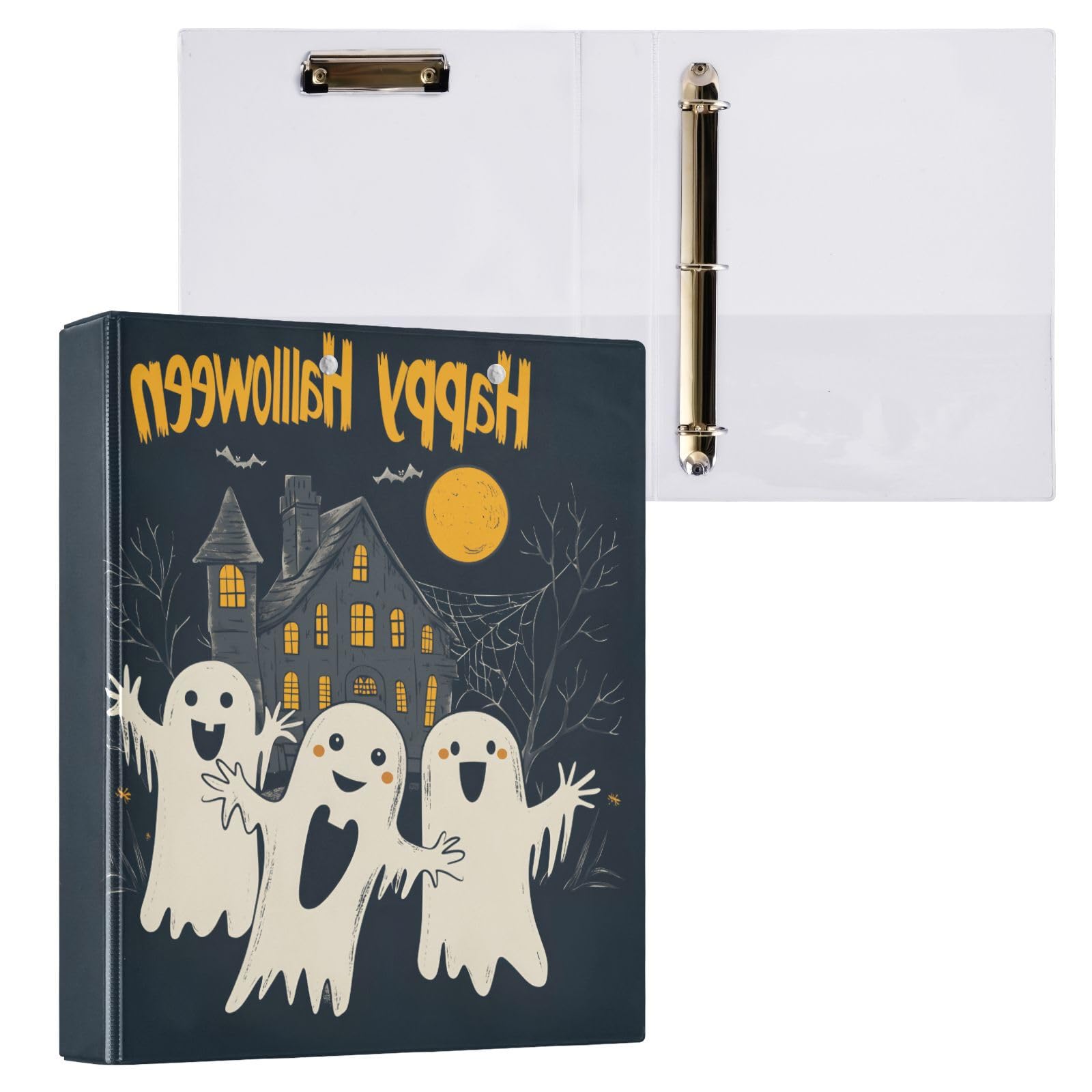 Confezione da 2 raccoglitori a 3 anelli, motivo fantasmi carini, 3,8 cm, con 3 tasche trasparenti, portablocco e contiene 200 fogli, per ufficio, scuola, organizzazione della casa