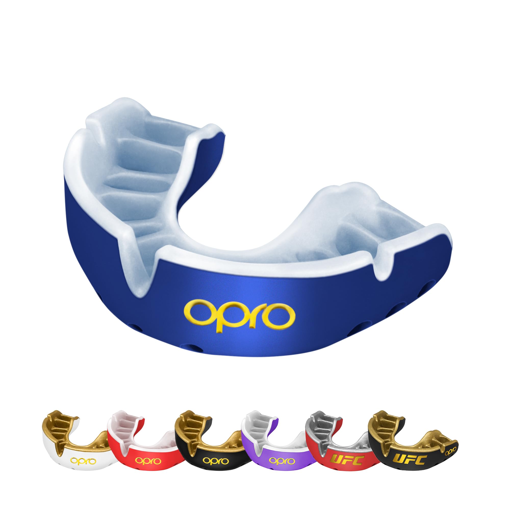 OPRO Gold Level Mouth Guard - Moldable Mouthguard with Premium Comfort Fit, and Multi-Layer Protection for Boxing, MMA, Rugby, Hockey, and Football Mouthpiece – Includes Case (Dark Blue/Pearl, Youth)