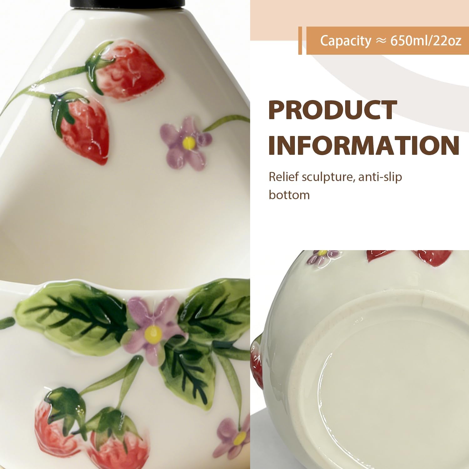 Ceramic Soap Dispenser with Sponge Holder,22oz Charming Strawberry 3D Embossed Design - 2-in-1 Kitchen Hand & Dish Liquid Soap Pump Set for Countertop Sink, Cute Cottagecore Character in White