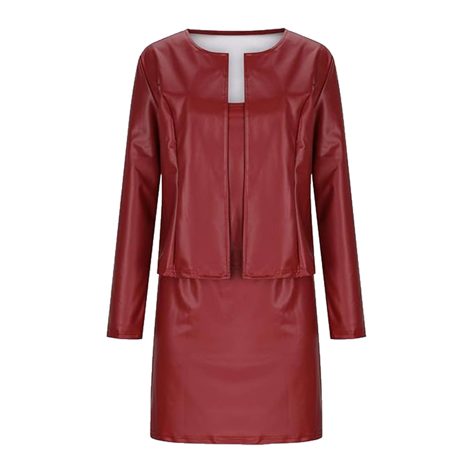Ensemble Robe de Costume 2 Pièces pour Femme Tailleurs-Jupes Décontracté Blazer à Manches Longues et Robe Crayon Coupe Ajustée Jupe élégante PU Cuir pour Le Bureau, Les Invités de Mariage