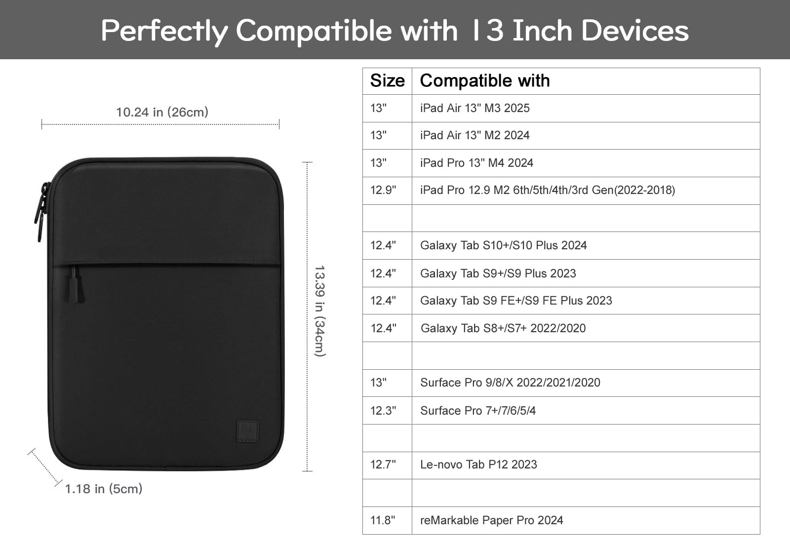 Dadanism 13 Pollici Tablet Custodia Borsa Portatile per iPad Pro 13" M4 2024, iPad Air 13" 2024, iPad Pro 12,9" 6a/5a/4a/3a Gen, Galaxy Tab S10+ Plus/S9 FE+/S9+ Plus 12,4", Tab P12 12,7", Nero