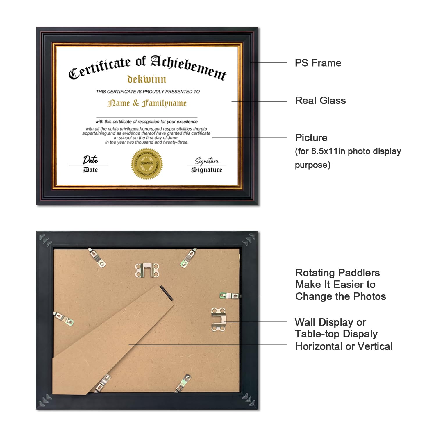 DEKWINN 8.5x11 Diploma Frames Certificate Document Frame Set of 3 with Real Glass, Diploma Frame for Wall Gallery or Tabletop display, Black Gold Molding,Without Mat
