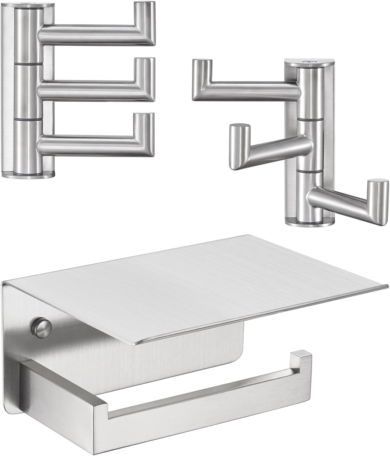 APLusee Brushed Nickel 304 Stainless Steel Swivel Towel Hook 2 Pack, Toilet Paper Holder with Shelf Bundle, Wall Mount