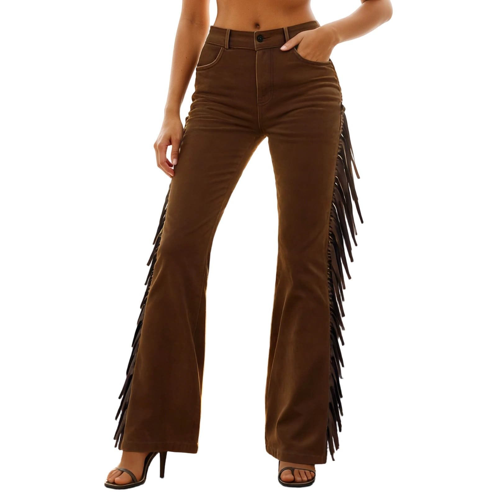 Pantaloni da equitazione da donna, da cowboy, da cowgirl, in finta pelle scamosciata, con frange, lunghi, con nappe, stile vintage, per carnevale, feste, pantaloni occidentali, pantaloni in