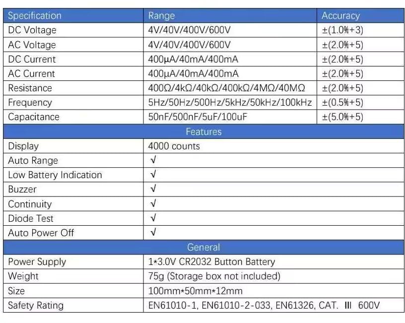 PEAKMETER PM8215 Multimeter specification table