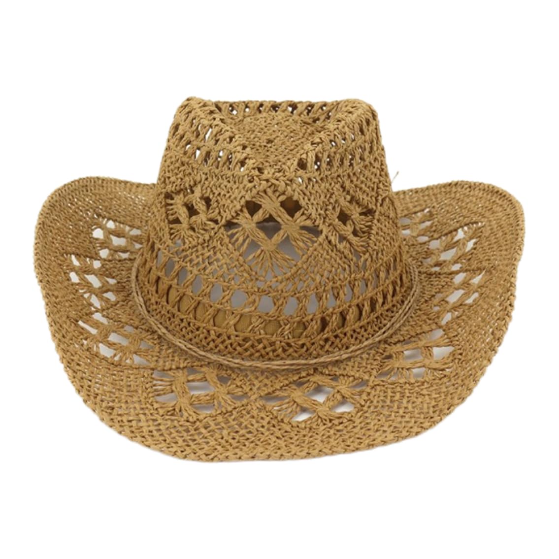 Sombrero de Vaquera Marrón, Sombrero de Vaquero de Paja Unisex Tejido a Mano Transpirable Vaquera Occidental Diseño Hueco Sol de ala Ancha para Fiesta en la Playa de Verano al Aire Libre Mujeres Homb