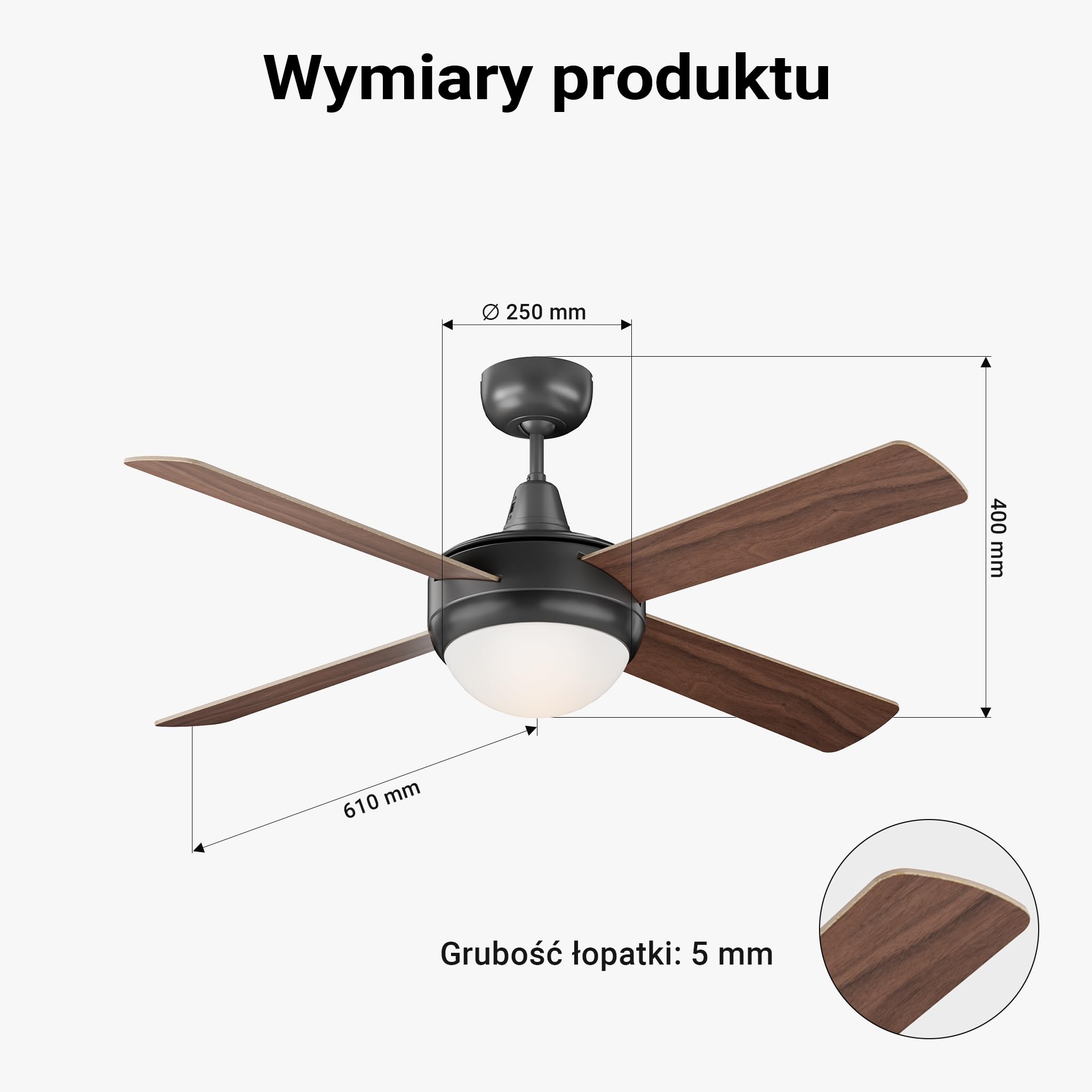 Wiltec Wentylator sufitowy Ø 122 cm z lampą, 4 łopatkami i 3 prędkościami, wiatrak z pilotem, timerem na 1/2/4 godziny, trybem letnim i zimowym