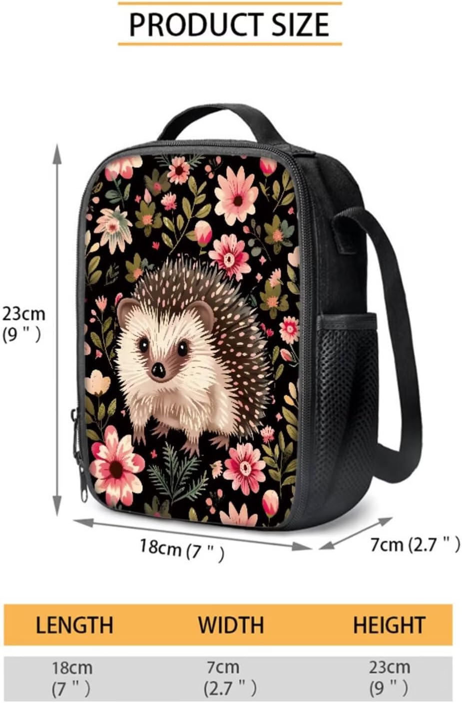 Hedgehog Floral Pattern School Backpack 4Pcs Set 17" School Bag with Thermal Lunch Bag Pencil Case and Water Bottle Holder Back to School Gift for Girls