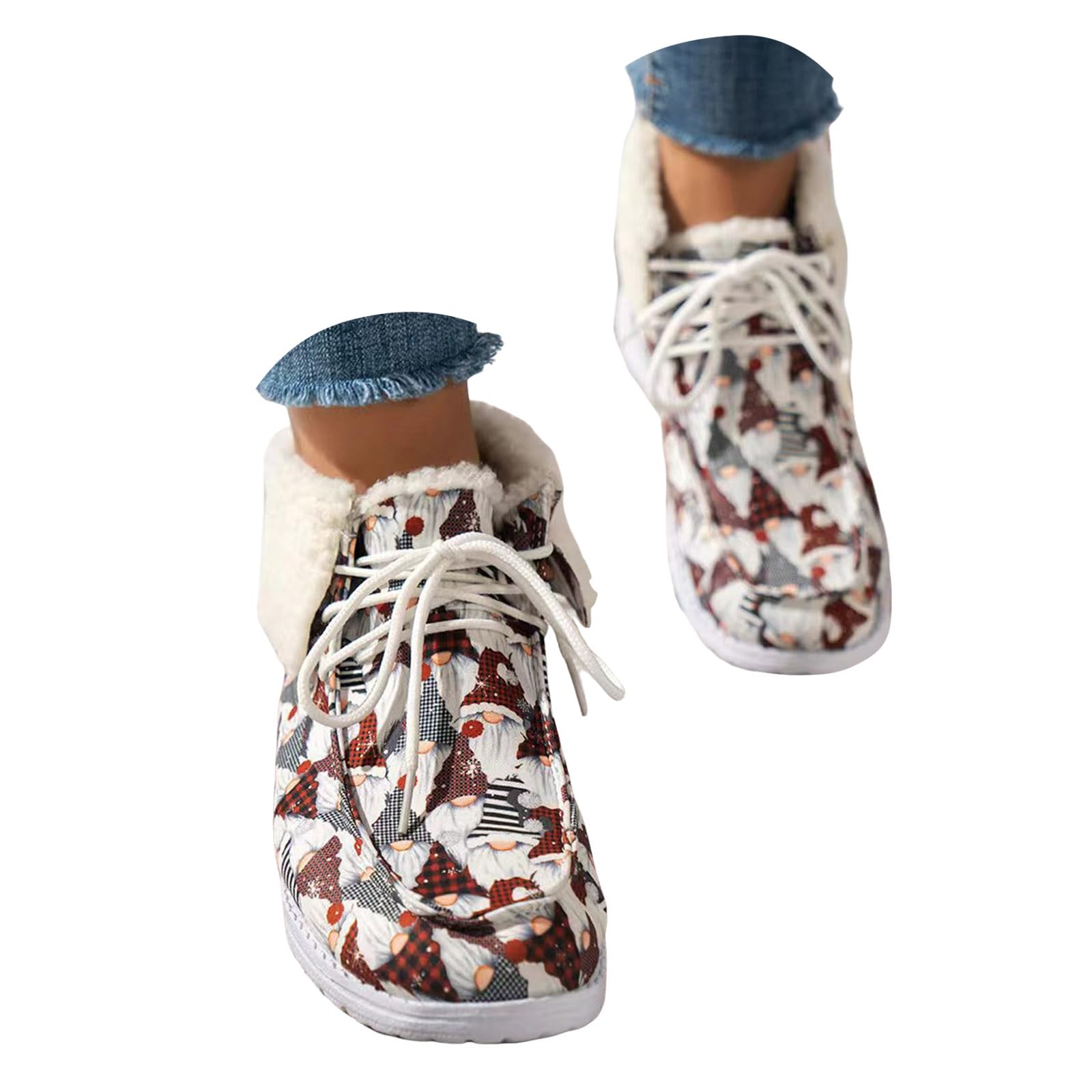 Women Winter Furry Casual Shoes Cotton Plush Furry Lined Colorful Print Lace up Low Heels Square Toe Warm