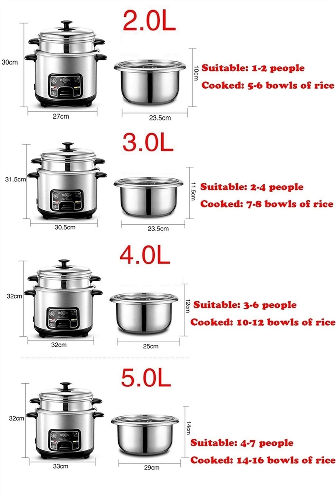 Cuisinières à riz Petit, Cuisson en acier sans douche 2 / 3lstain / Fonctions chaudes, Mini Cuisinière à riz portable Pot d'acier inoxydable avec vapeur(3L)
