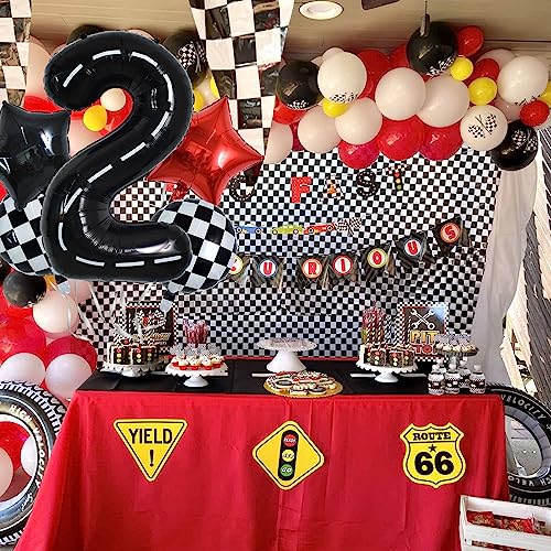 Image of TONIFUL 40 Inch Race Car 2nd Birthday Racetrack Number 2 Black Wheel Tire Black White Checkered Star Boys Car Themed Birthday Party Decor