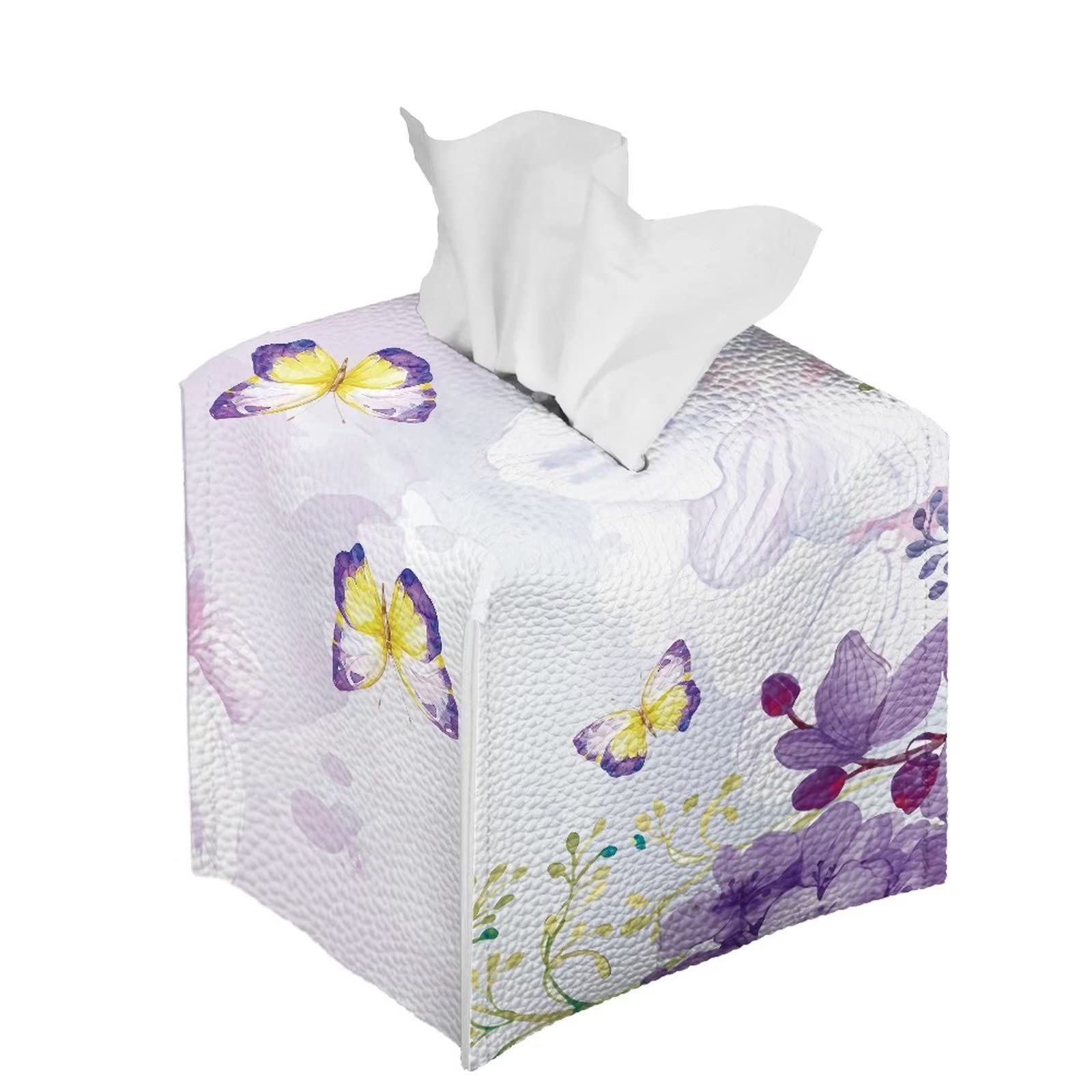 YEXIATODO Elegant Purple Flowers Facial Tissue Box Cover with Funny Custom Portable Belt of Bottom for Daily Use Office Bathroom Vanity Countertop Night Stands Livingroom Kitchen Apartment RVs