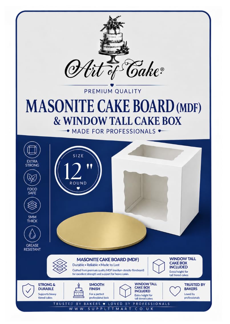 Art of Cake® Masonite Cake Board (5mm) and 2 Sided Window Tall Cake Box with Gold Finish, 12"-For Tiered Decorated Birthday Wedding Engagement Graduation and All Celebration Cakes