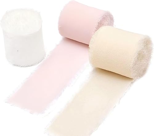 Cinta de gasa de 1.5 pulgadas x 21 yardas, cinta de seda hecha a mano blancorosanude, cinta de gasa con flecos para invitaciones de boda, envoltura