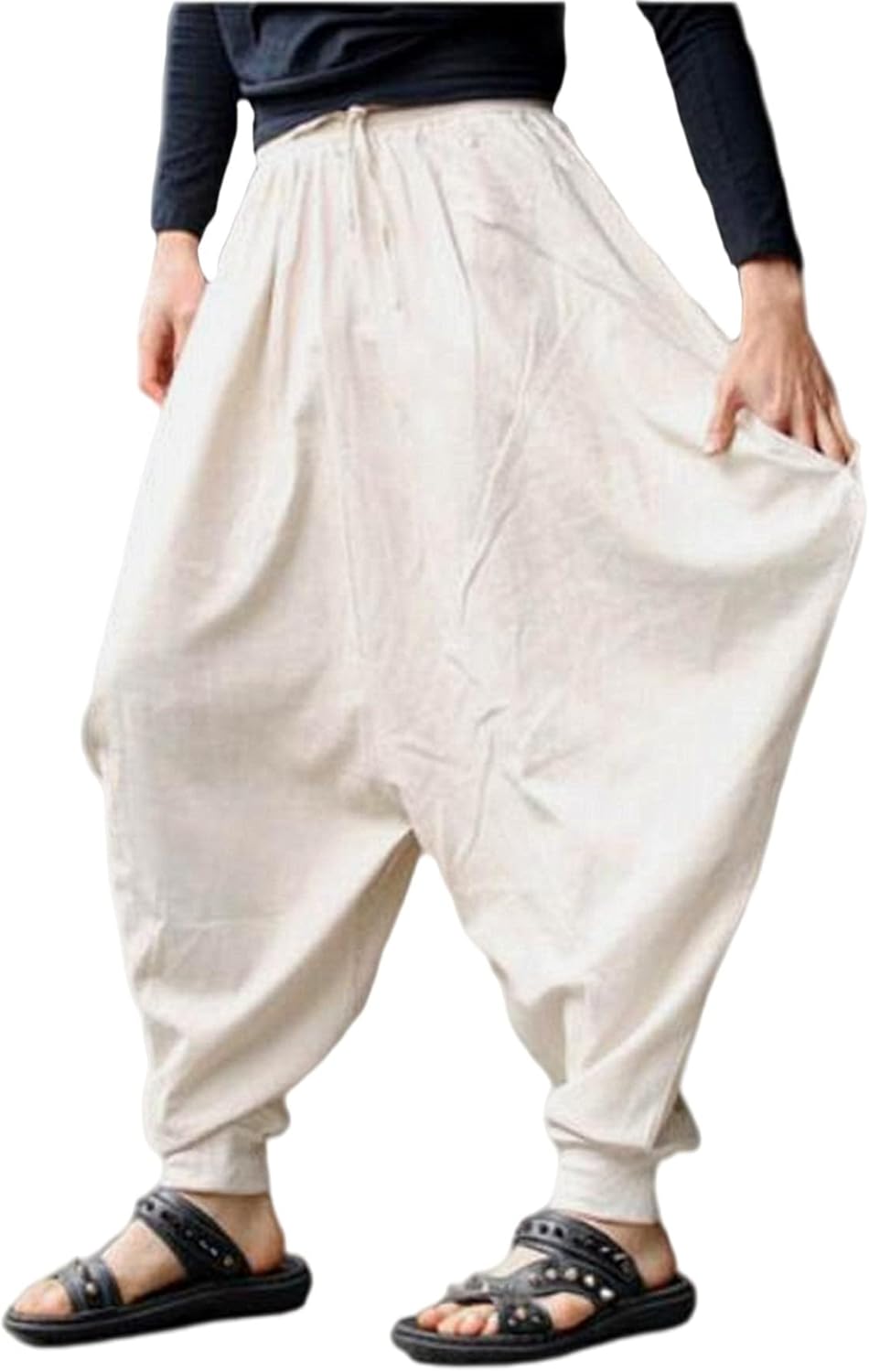 CLANMILUMS Men's Harem Pants Elastic Waist Loose Fit Hippie Aladin Drop Crotch Pants
