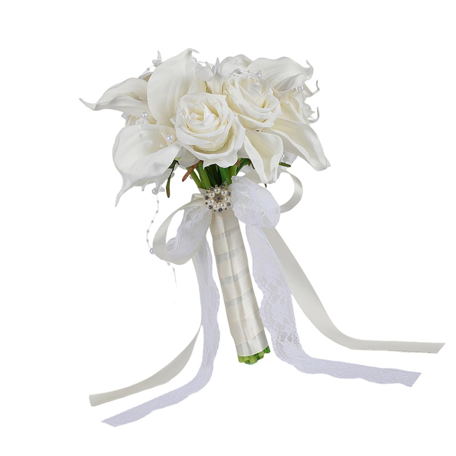 TFAOYS Dateless Artificial Wedding Bouquets with Silk Roses Callas Lilies Home Event Decors Bridal Handheld Bouquets Silk Flower White Roses Callas Lilies