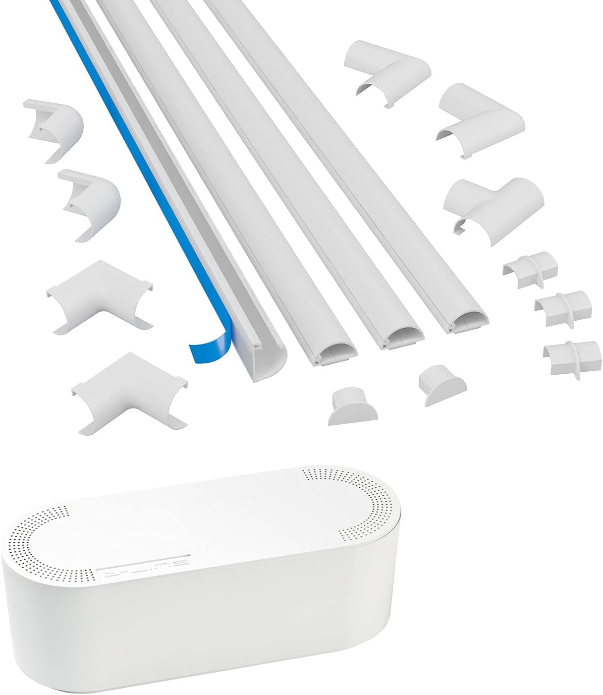 D-Line Cable Management Box (Small) & Small Cable Raceway Multipack 4X 0.78 (W) x 0.39" (H) x 39" Lengths (13.12ft Total) with 12 Accessories - White