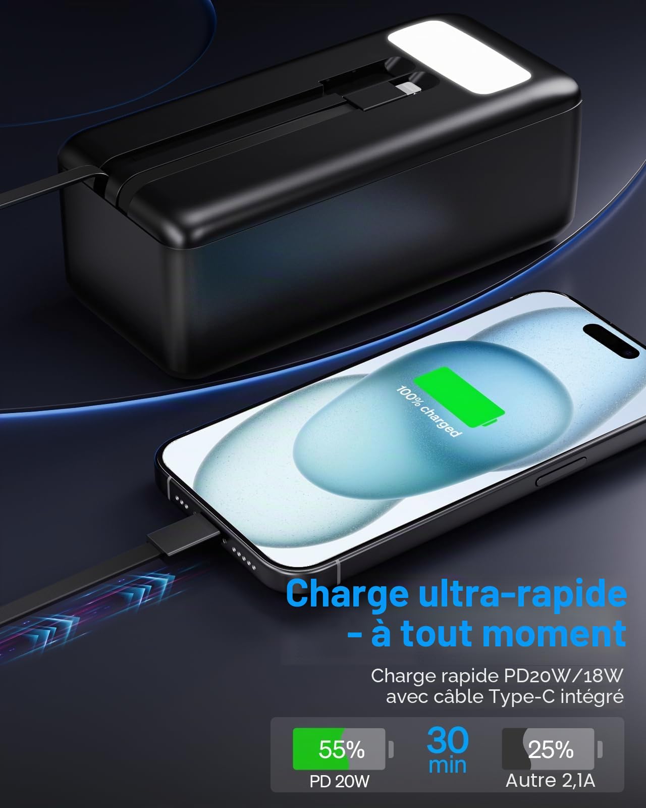 Batterie externe 50 000 mAh avec câble intégré : batterie externe de 22,5 W à charge rapide de grande capacité, chargeur portable avec lampe de poche LED et 7 sorties & 3 entrées 2 × 25000 mAh