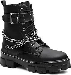 Bota Coturno Feminina Preta com Correntes, Cano Alto, Sola Tratorada, Couro Sintético, Estilo Urbano, Fecho com Zíper Lateral, Design Moderno e Atitude