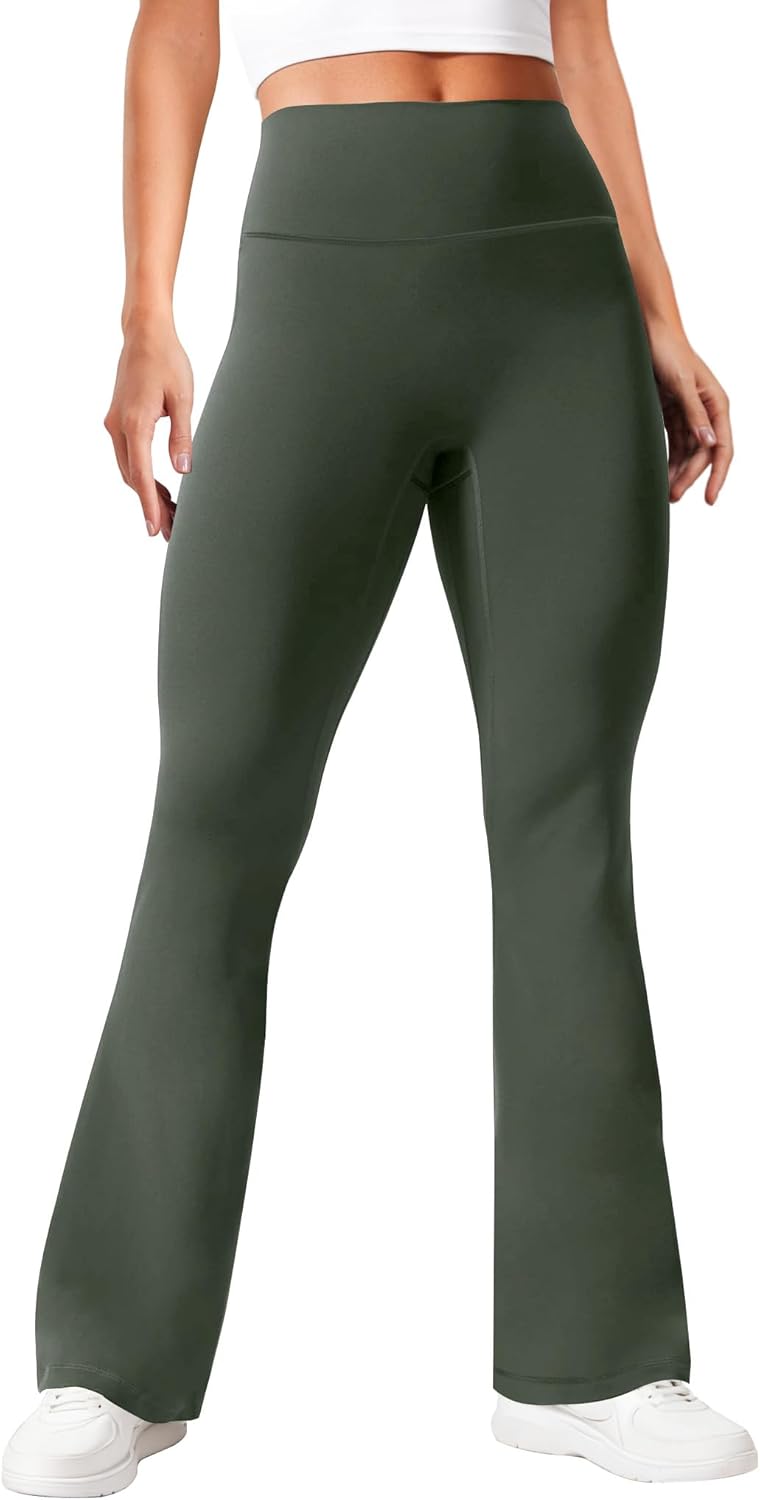 FireSwan Womens Flare Leggings High Waisted Seamless Yoga Pants with Tummy Control Bootcut Bell Bottoms Leggings Army Green