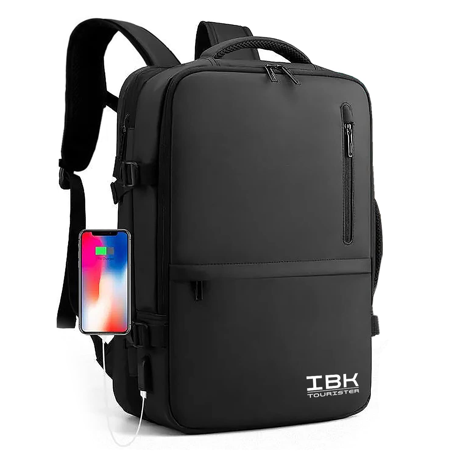 IBK Zaino da Viaggio Bagaglio a mano, porta PC Portatile Laptop Notebook Computer, Tessuto Impermeabile, con Caricatore USB, Uomo Donna Lavoro Ufficio Scuola, Grigio Nero