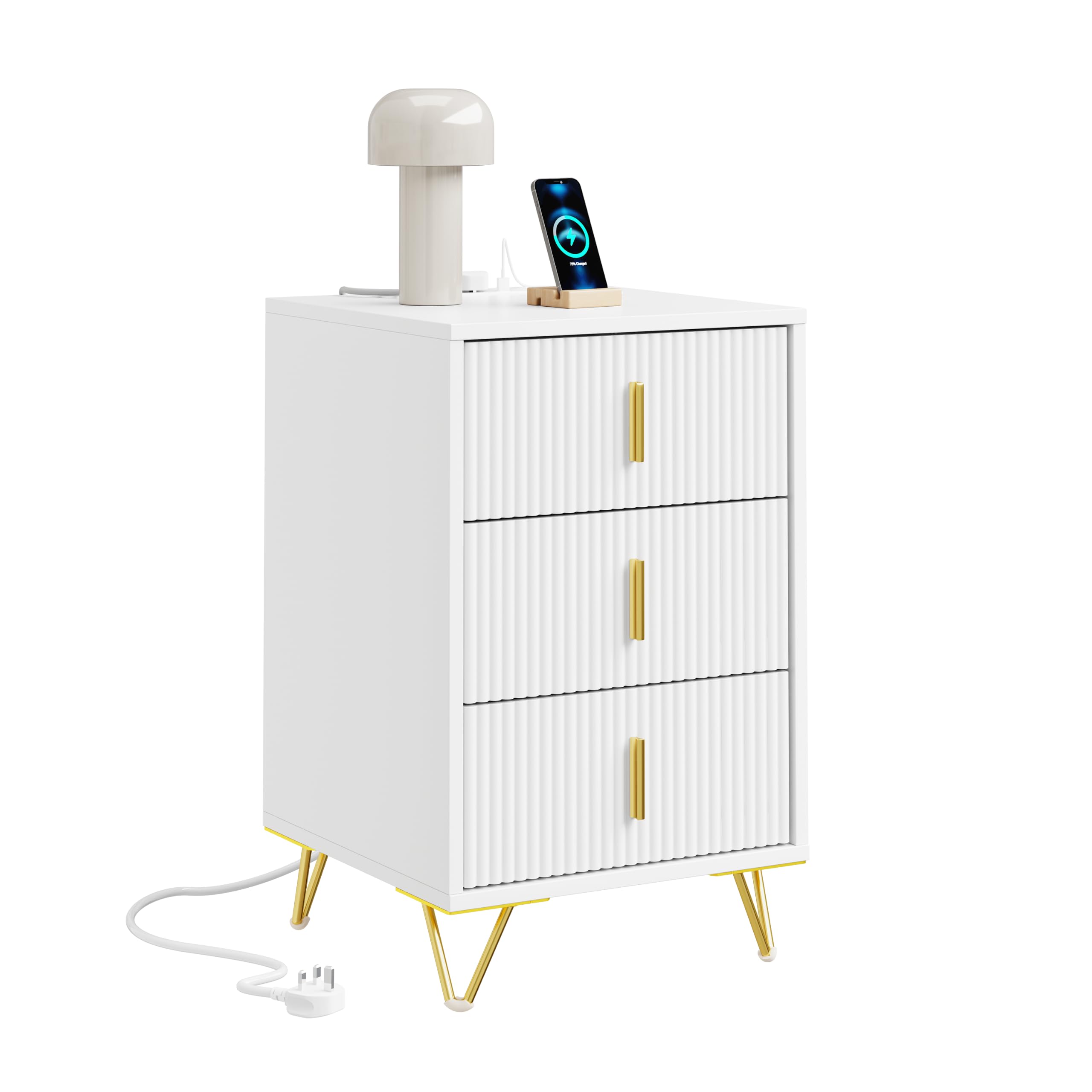 SoBuy Bedside Table 40cm with Type-C Charging Station & 3 Drawers Bedroom
