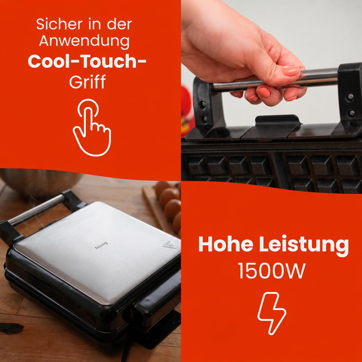 Waffeleisen 1500W XXL Für 4 Grosse Waffeln Temperaturregelung Silber