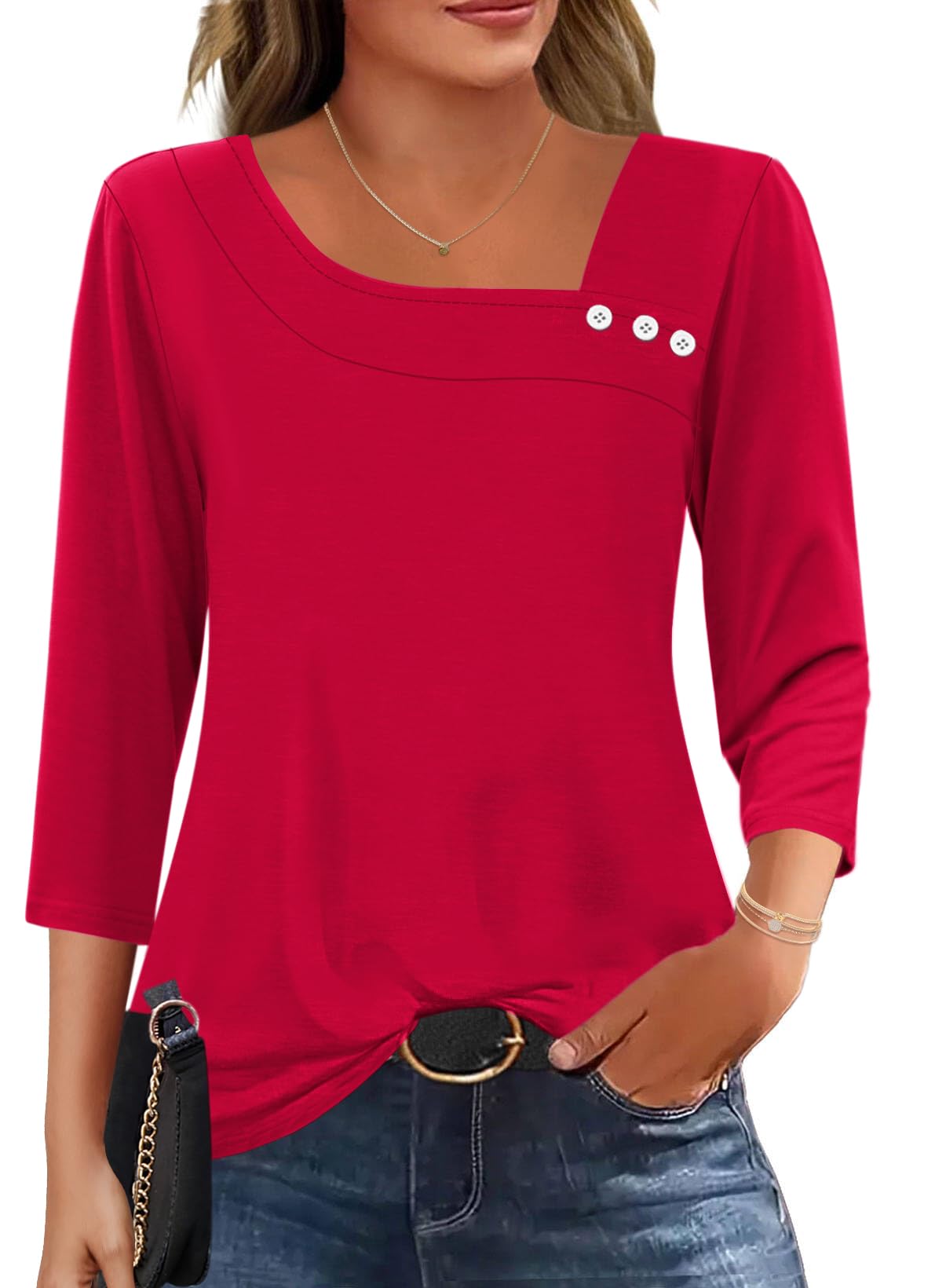 LOMON Womens 3/4 Length Sleeve T Shirts Asymmetrical Neck Tops Business Blouses for Women Fashion 2026