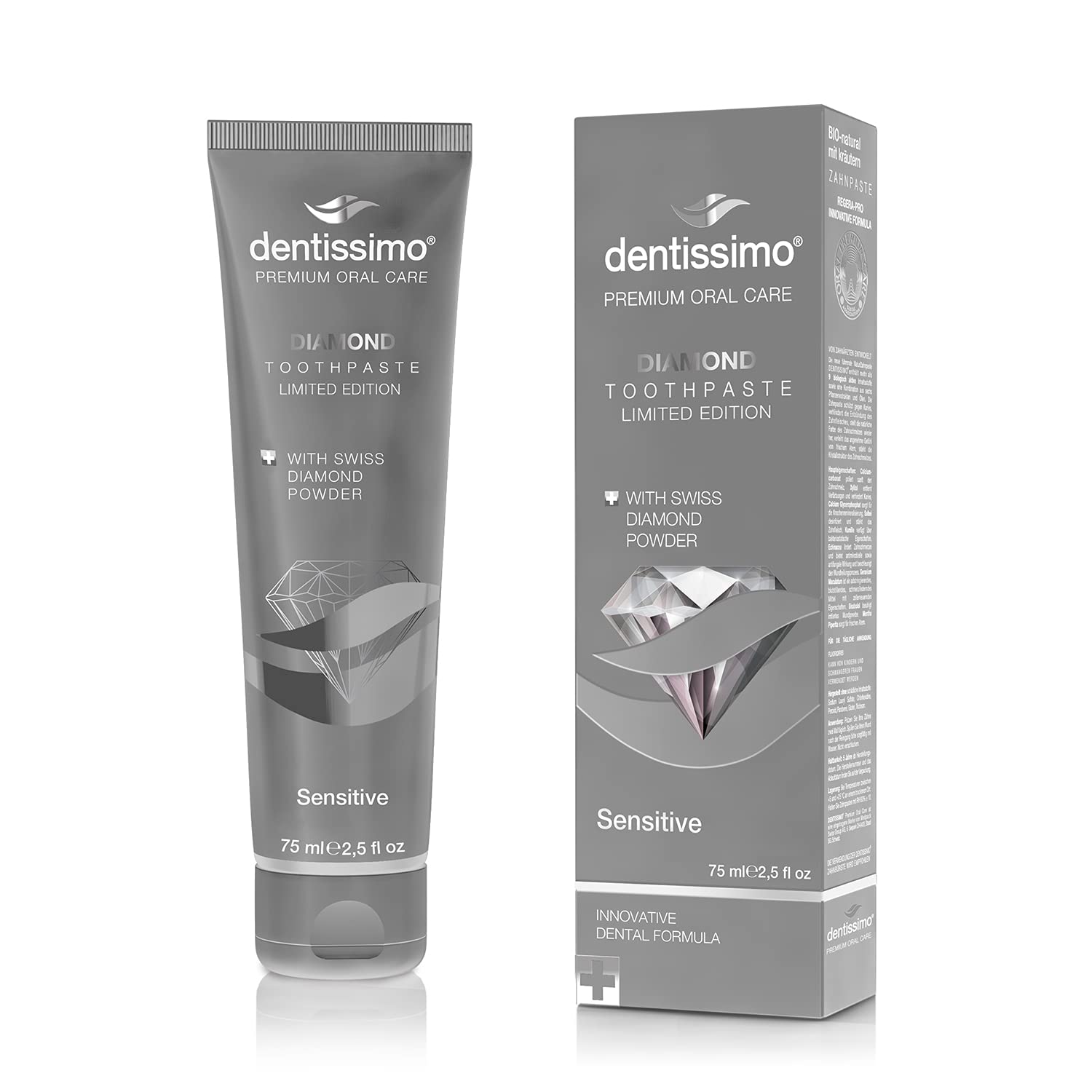 Dentissimo Diamond Advanced Gel Toothpaste for Sensitive Teeth with Fluoride, Premium Swiss Oral Care, 2.5 Fluid Ounces, Made in Italy