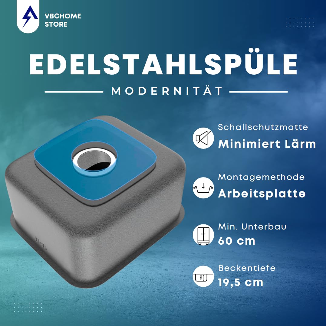 VBChome Edelstahlspüle mit Armatur 49 x 48 x 21 cm Inox Glatt Edelstahl Einbauspüle mit Hahnloch Küchenspüle Spüle Groß Becken Siphon Edelstahlspüle Armatur Inox mit ausziehbarem Auslauf