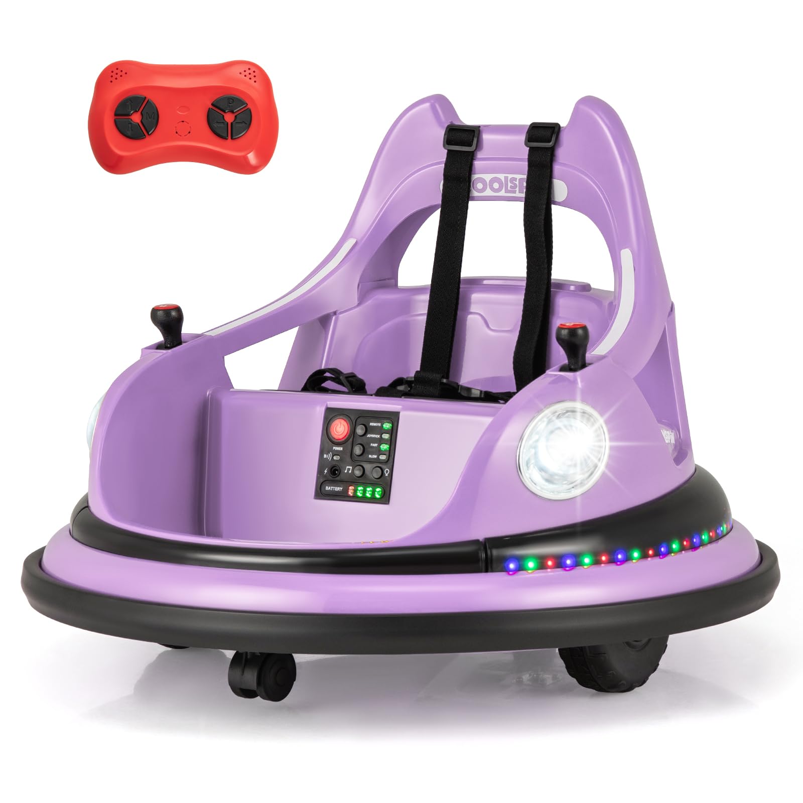 COSTWAY 12V Kids Bumper Car, 360 Degree Rotation Spin Ride on Cars with Remote Control, Dual Joysticks, 5 Light Effects, Music, Wireless Connection, Electric Ride on Toy for 3+ Years Old (Purple)