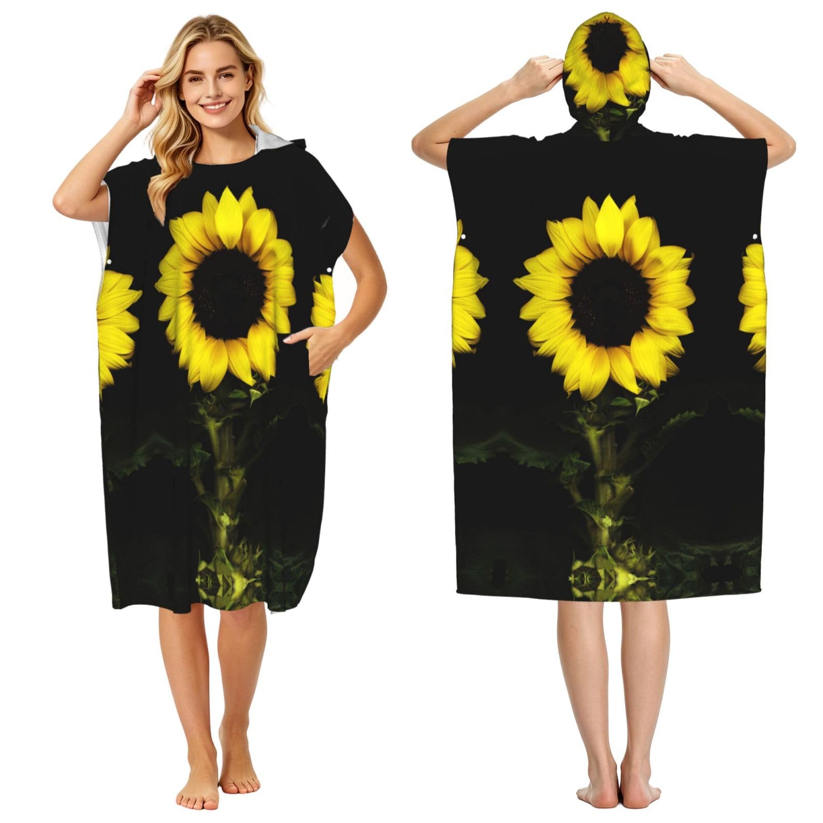 Sunflower Print Changing Robe, Hooded Towel Poncho For Swimming Pool, Beach,Quick Dry & Light Weight Towelling Poncho For Adults Women Men