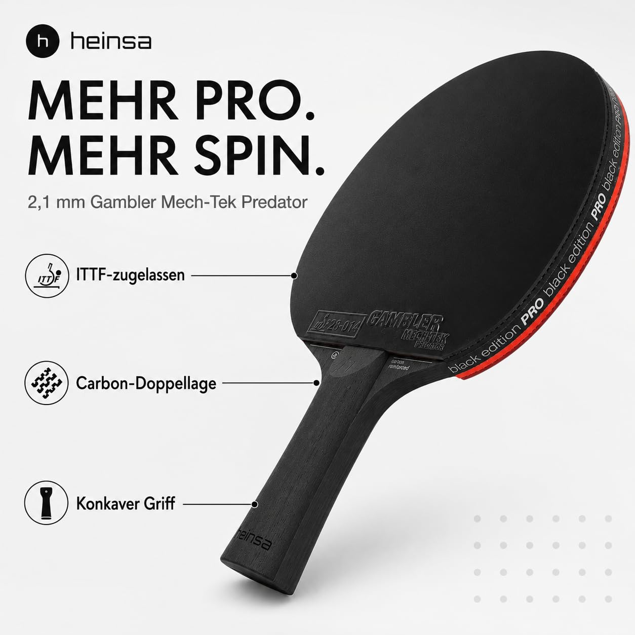 Black Edition Pro – Carbon Tischtennisschläger mit Mech-Tek Predator Belag (2,1 mm), ITTF-zugelassen – Spin, Speed & Kontrolle