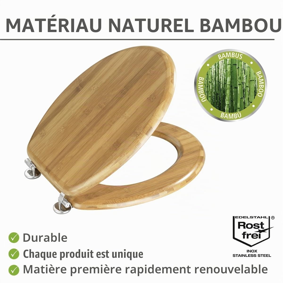 WENKO Abattant WC Bois Bambou | Lunette WC Fixation Acier INOX | Nettoyage Facile| Résistante à l'humidité et Non Poreuse grâce à Un Vernis Multiple | Certifié FSC® | 34 x 41,5 cm | Bambou