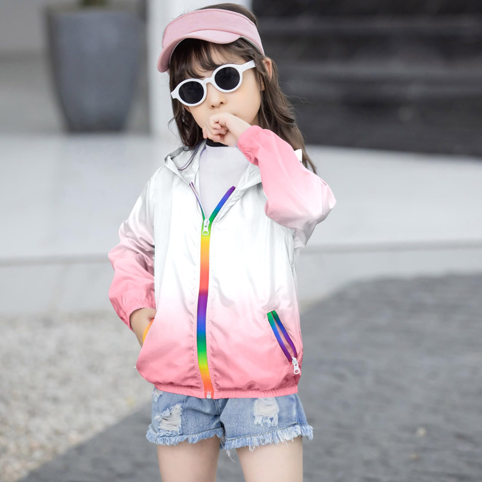 Veste Enfant Fille Imperméable, Manteau de Pluie Léger, Vestes De Protection Solaire LéGèRe Respirante Manteau à Capuche Blouson Coupe-Vent Filles Manche Longue Zipper Poche Enfant 2-12 Ans