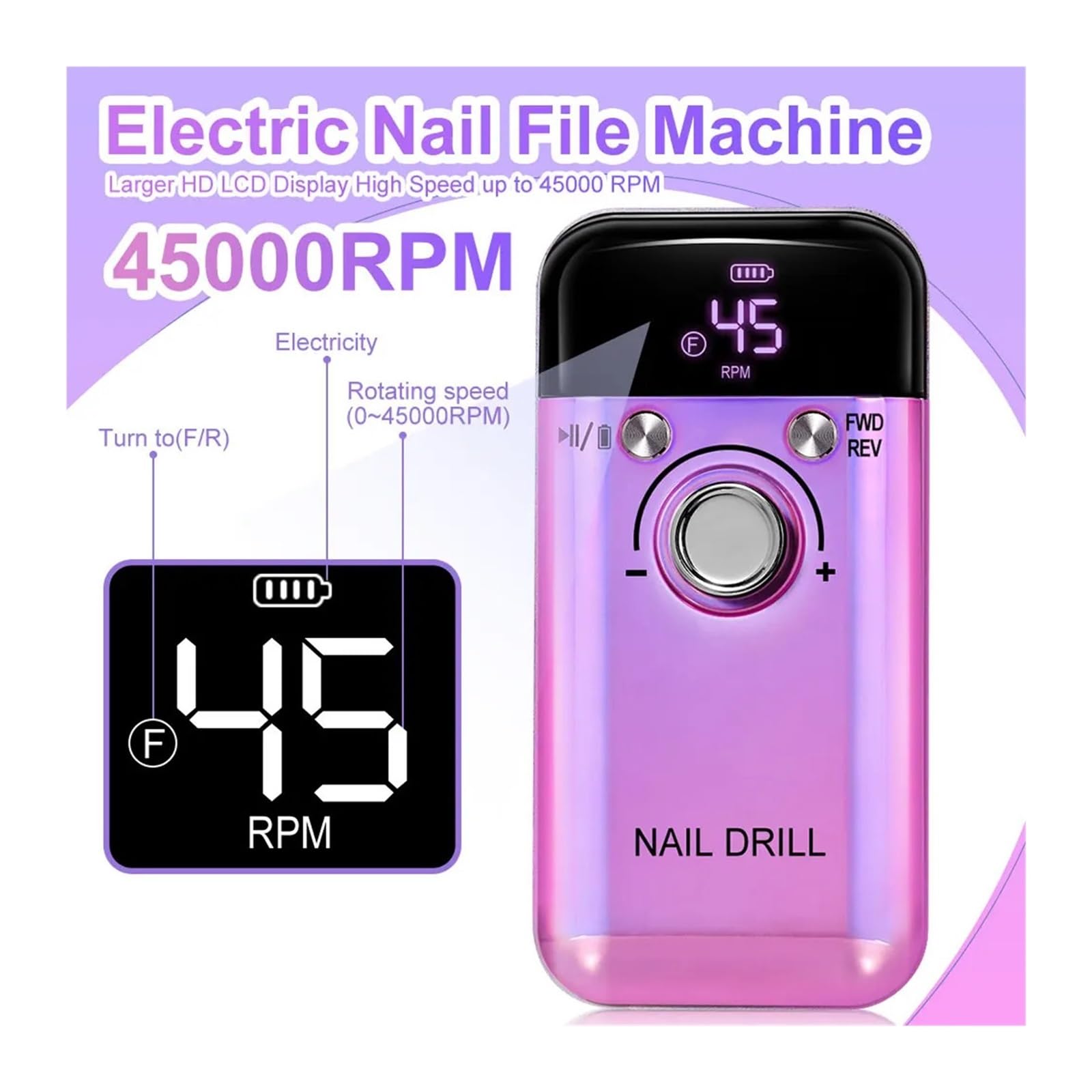 Kit Trapano per Unghie Senza Fili da 45000 Giri/min - 6 Punte Professionali e Nastri abrasivi, Ricaricabile Tramite USB con Display a LED, levigatrice per Manicure Portatile per Salone e casa (DMJ)