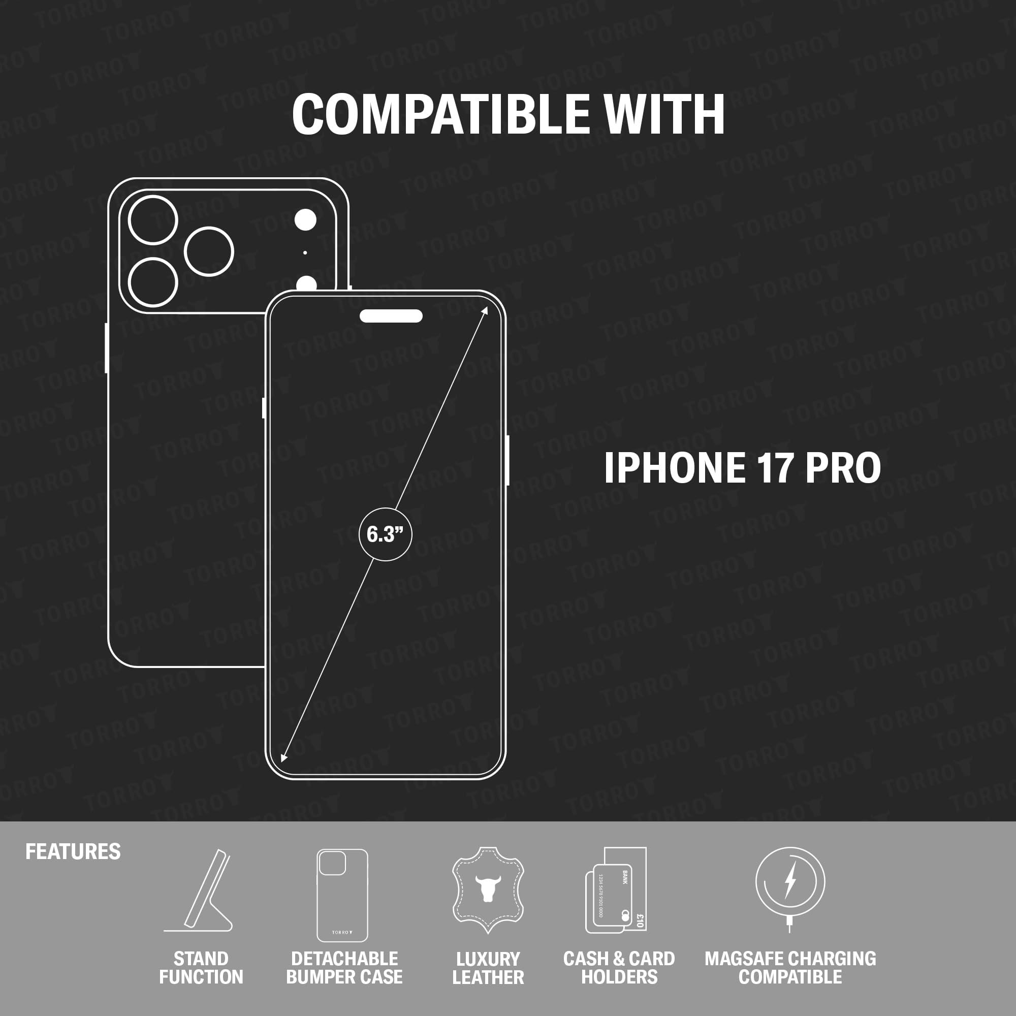 TORRO Etui skórzane kompatybilne z iPhone 17 Pro - skórzane etui bumper z odpinanym etui portfelowym ze stojakiem i przegródkami (kompatybilne z oficjalnymi ładowarkami MagSafe) - Ciemna Wiśnia