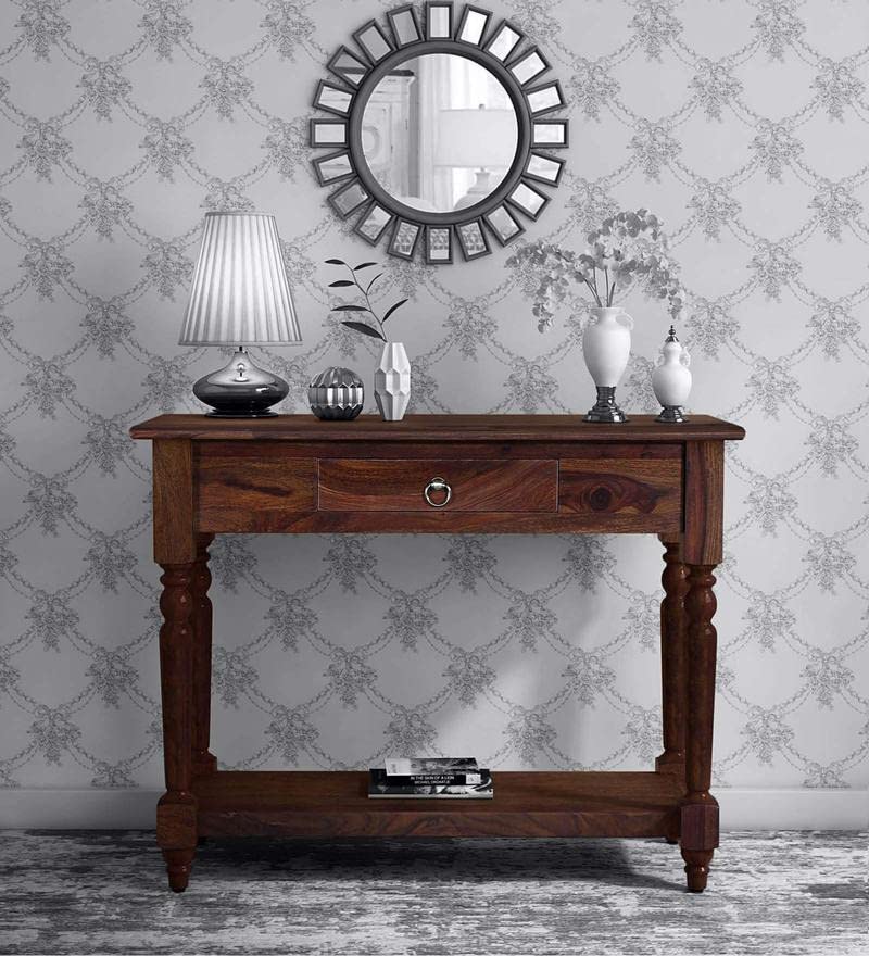 Image of Solid Sheesham Wood Console Table for Living Room | Entryway Hallway Sofa & Fish Tank Table with Drawer & Shelf Storage | Walnut Brown Finish