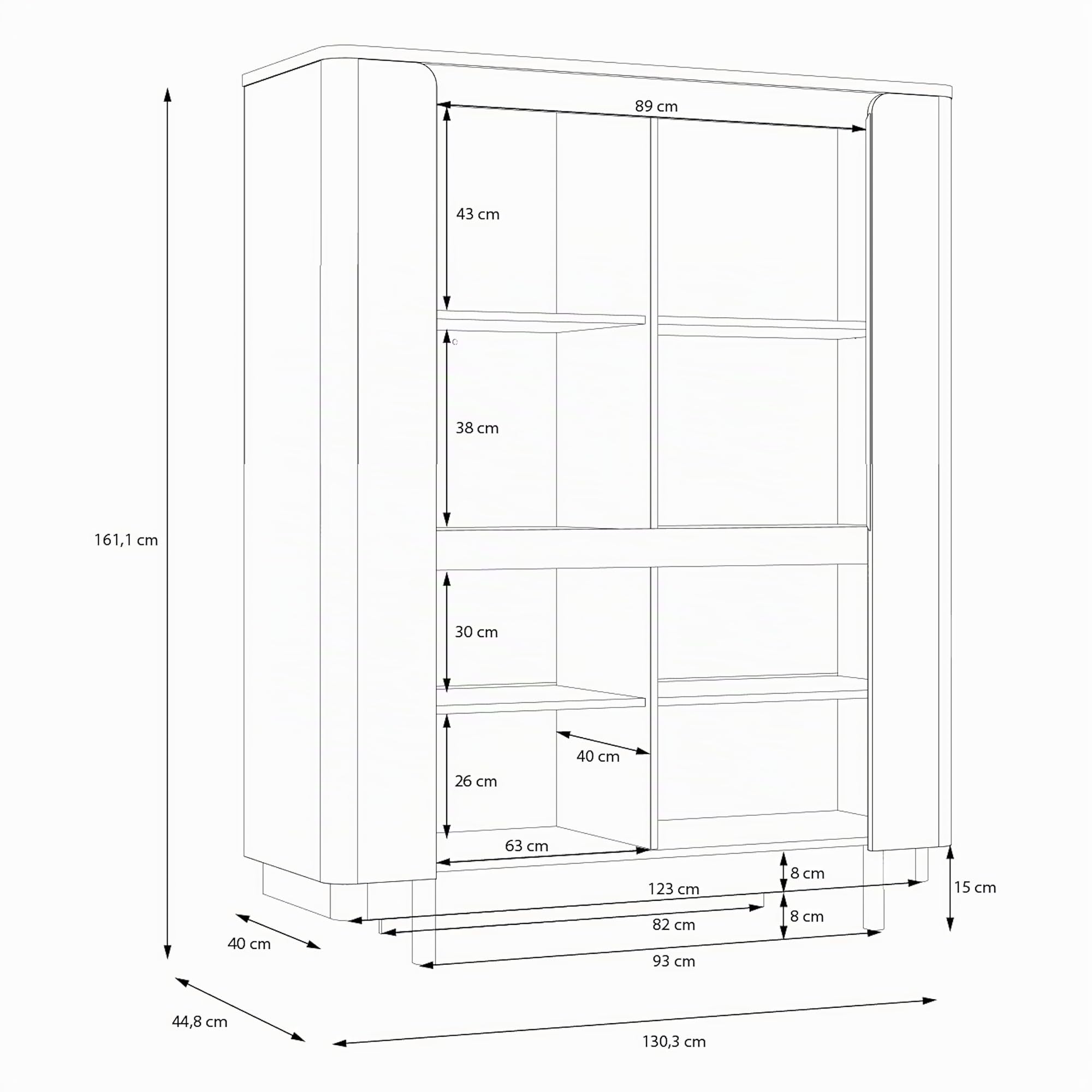 Forte VODOL Highboard 130, modernes Highboard mit 4 Türen und abgerundetem Eckendesign, Holzwerkstoff, Kaschmir|Beige, 130,3 cm breit x 161,1 cm hoch x 44,8 cm tief