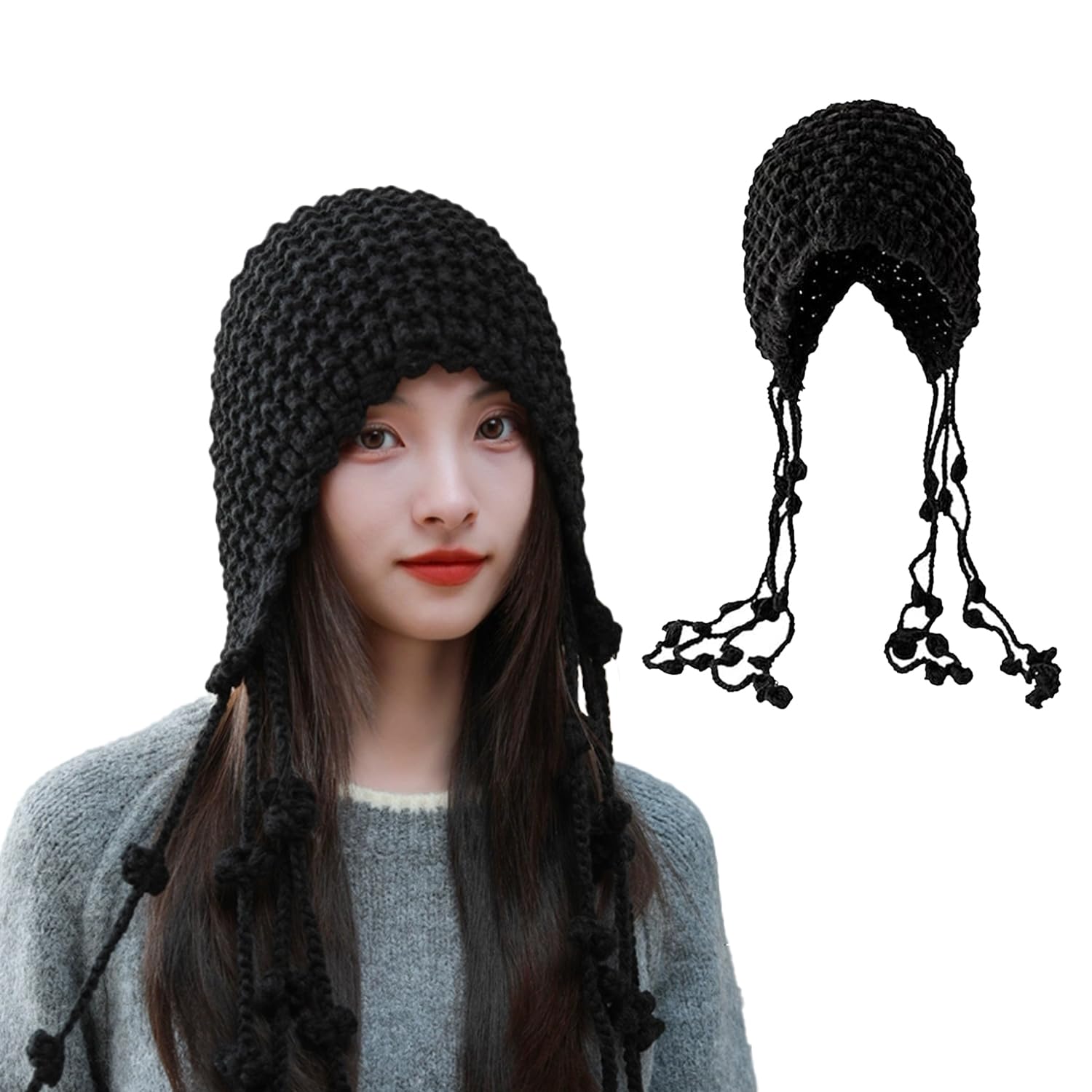 Hooded Knit Cap with Drawstring, Knit Guide, Hat with Ears, Bucket Hat, Balaclava, Crochet, Women's, Outdoor, Warm, Small Face, Cold Protection, Thermal Insulation, Autumn and Winter