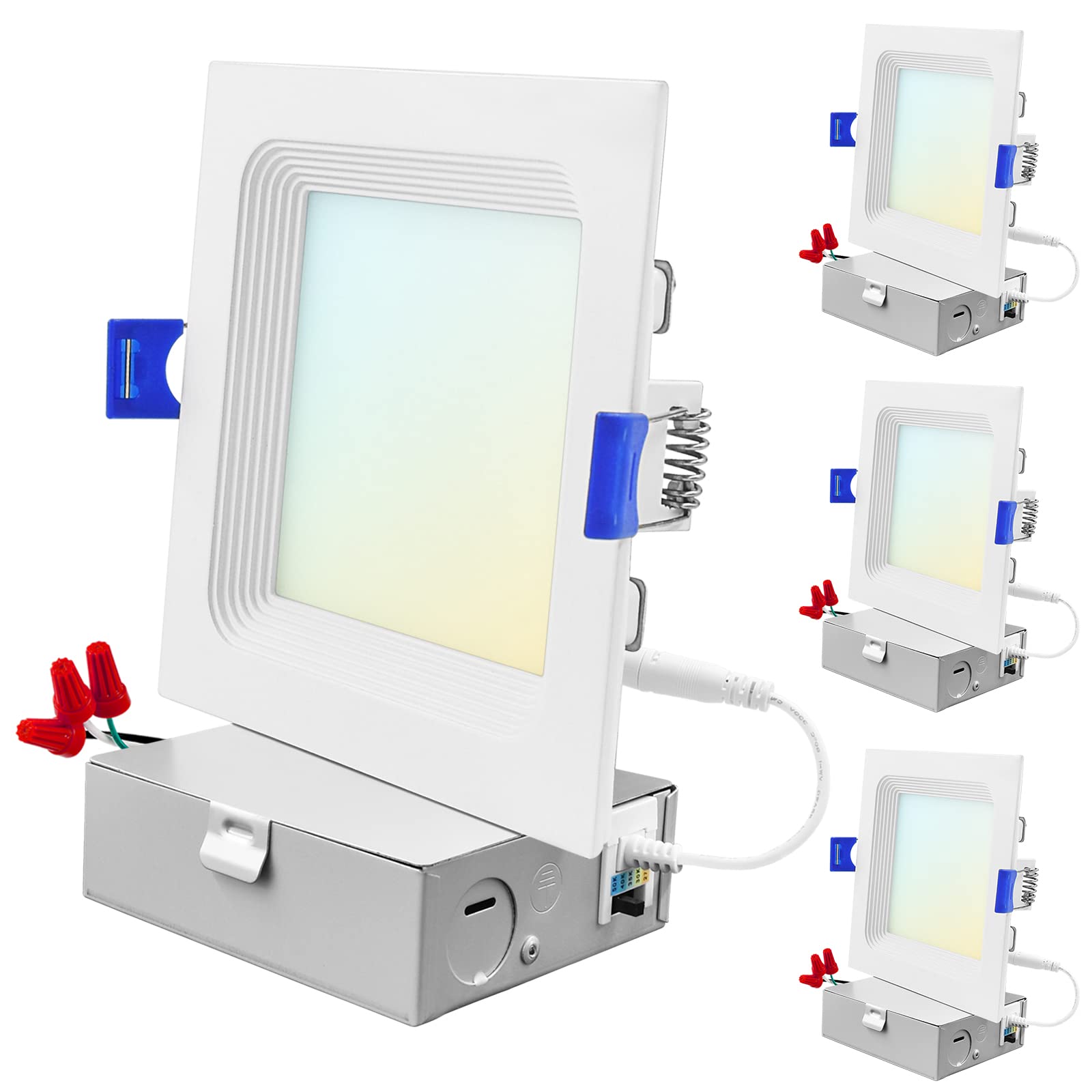LUXRITE 4 Inch Ultra Thin Square LED Recessed Lighting, 12W, 5CCT Color Selectable 2700K-5000K, 950 Lumens High Output, Dimmable LED Wafer Lights, Wet