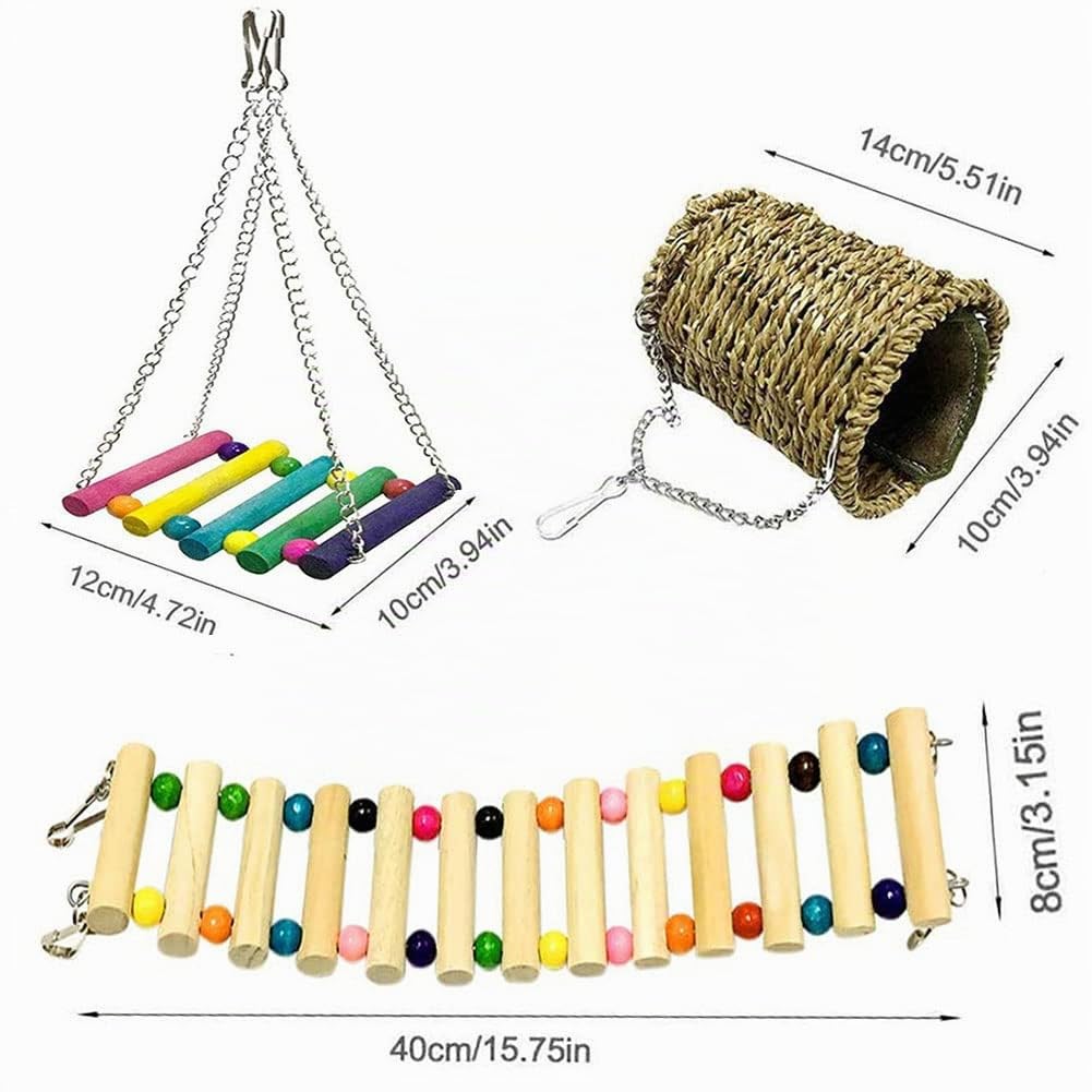 Hámster Juguete, 3 Piezas Hamster Accesorios Madera Natural, Escalera Columpio Hamaca Colgante para Columpiar Masticar Trepar y Dormir para Mascotas Pequeñas Hámster Rata Jerbos Cobayas Loro