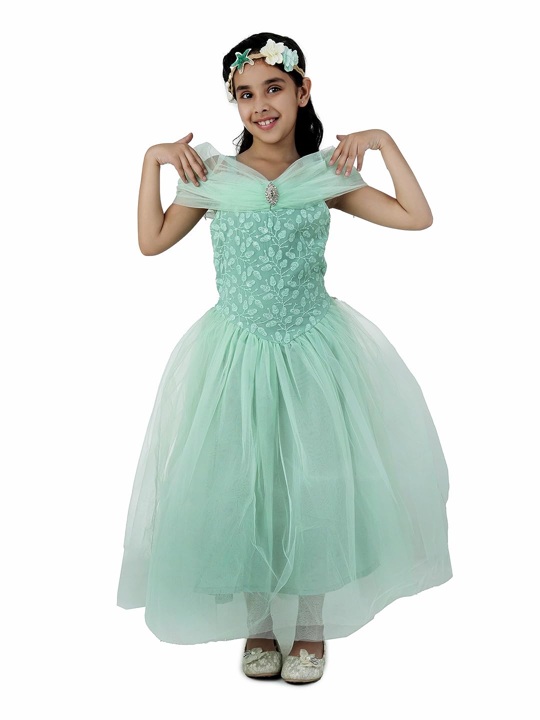 AJ DEZINES Kids Net Fabric Full Length Maxi Embroidered Gown Dress for Girls with Brooch - Special Occasion | Casual & Function Wear | Sleeveless