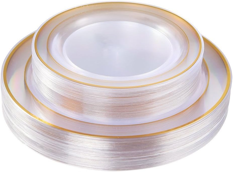 I00000 60 Pcs Clear Gold Plastic Plates, Gold Disposable Plates Includes: 30 Dinner Plate 10.25" and 30 Dessert Plate 7.5 ", Premium Clear Plate Prefect for Wedding and Gold Plates Party/Birthday