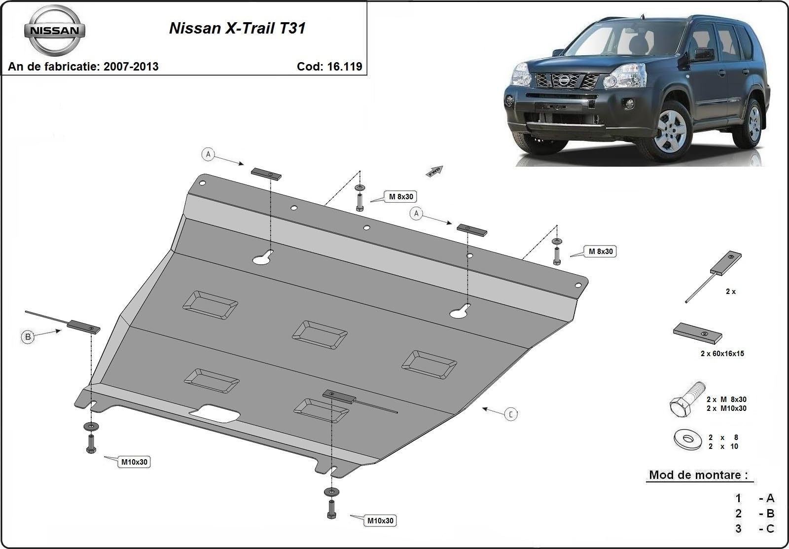 Metalowa ochrona pod silnikiem, kompatybilna z Nissan X-Trail T31 – Versa 2.0 – (2007-2013)