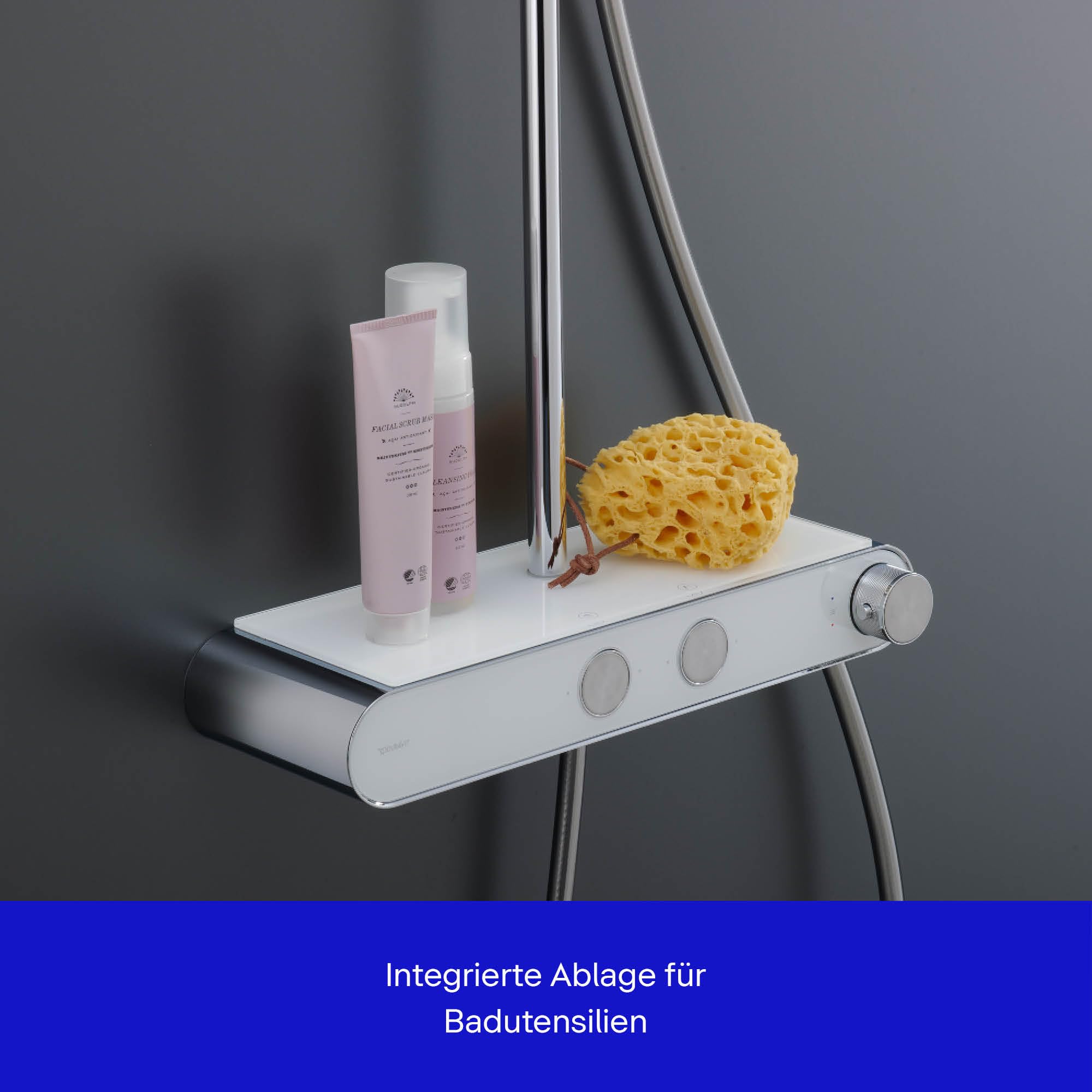 Duravit Duschsystem, wassersparendes Shower System, Duschkopf mit 3 Strahlarten (Rain, Pulse, Mono), im Winkel verstellbar, Duschset reinigungsfreundlich, Duschsystem mit Thermostat, Chrom/Weiß