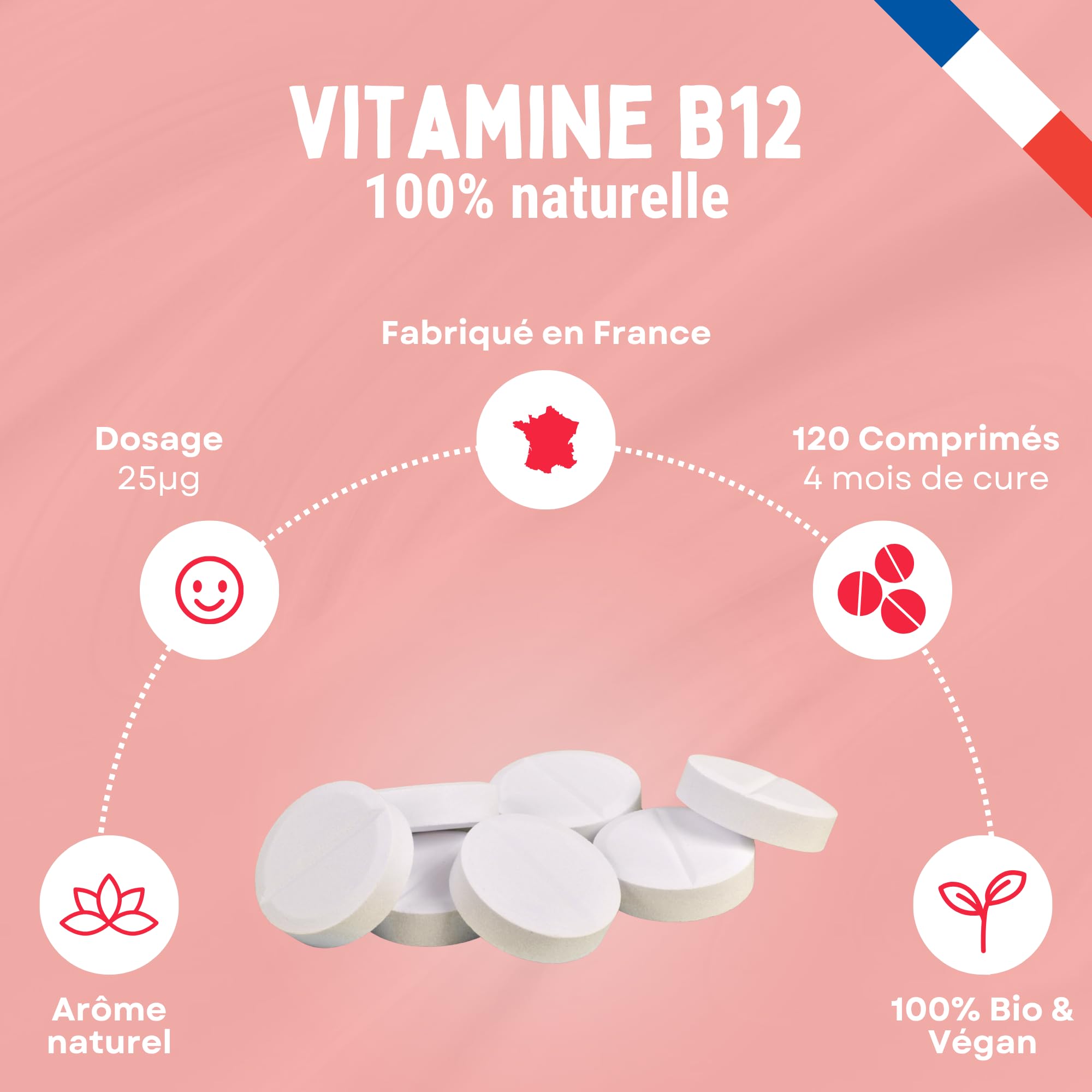 Vitamine B12 Bio Végane d’Origine Naturelle - Énergie, Vitalité & Réduction de la Fatigue - Système Nerveux & Immunitaire - Cure 4 Mois (120 Comprimés) (Pomme)