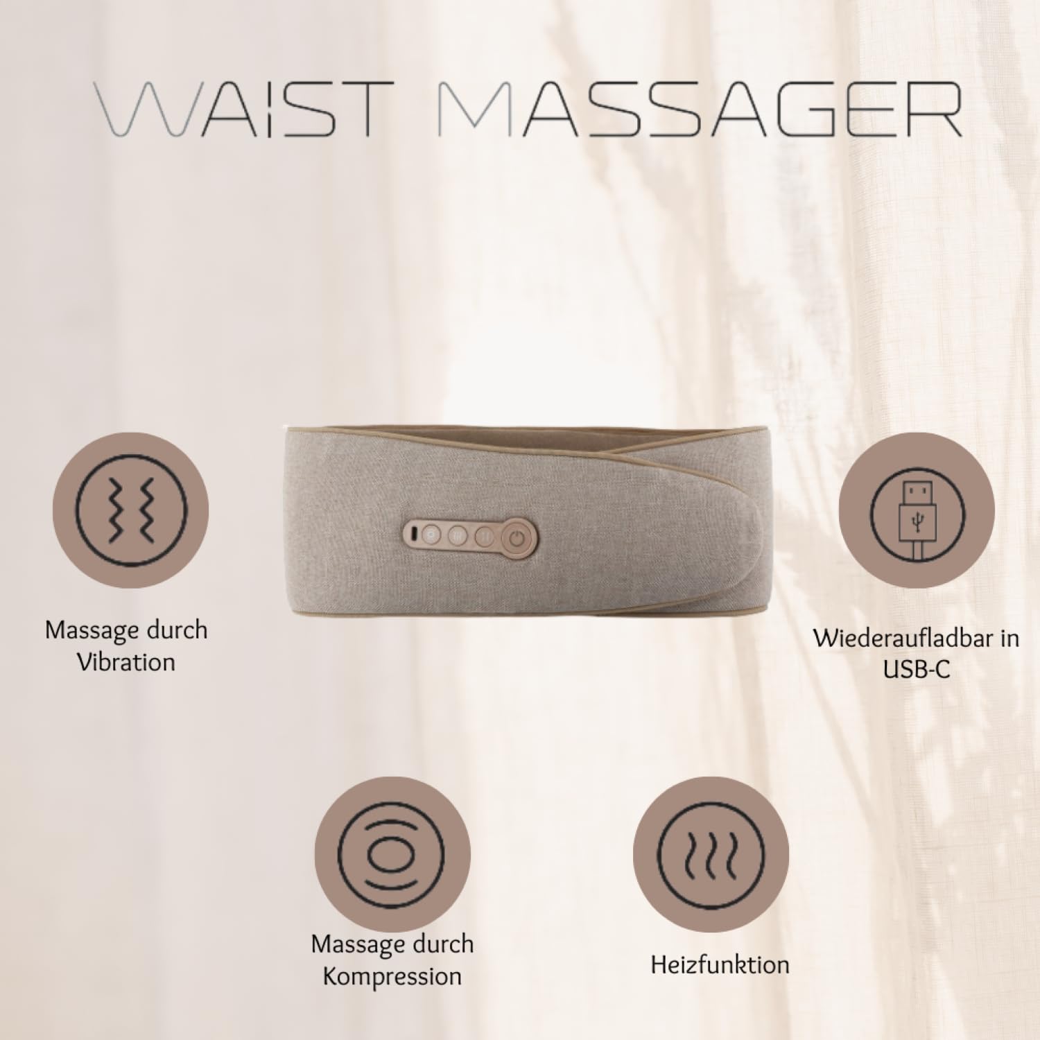 TERRAILLON - WAIST MASSAGER, Massagegürtel für Rücken und Bauch, 2 Massagemodi: Vibration und Kompression, 3 Temperaturstufen, wiederaufladbar über USB-C