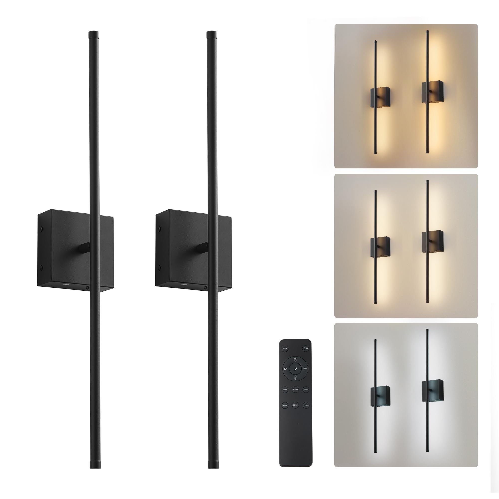 KARTOOSH Removable Battery Operated Wall Sconces with Remote Control, Stepless Colors 3000K-6000K & Dimming, 350°Rotate, LED Black Wireless Wall Light for Living Room, Bedroom, 28.3 Inch (2 Pack)
